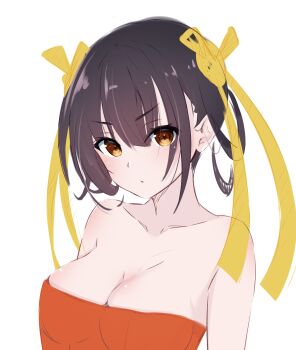 1girl bare_shoulders black_hair breasts commentary_request hair_ornament heaven_burns_red highres honma_(honmatomohiro) li_yingxia looking_at_viewer medium_breasts orange_eyes simple_background