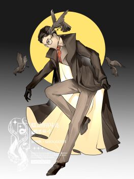 1boy animal_request bird black_coat black_eyes black_gloves black_hair black_shoes coat commentary_request floating formal_clothes gloves grey_jacket grey_pants grey_suit gubo_(project_moon) hair_slicked_back highres jacket limbus_company looking_at_viewer male_focus moon necktie pants project_moon red_necktie round_eyewear shirt shoes shoggoth_(sirens20211) short_hair standing standing_on_one_leg suit suit_jacket two-sided_coat two-sided_fabric watermark white_coat white_shirt