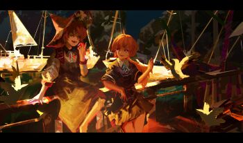 2girls absurdres bird boat brown_eyes brown_hair colorful commentary dark_skin english_commentary hat highres kevin_adi multiple_girls original red_hair smile watercraft wizard_hat