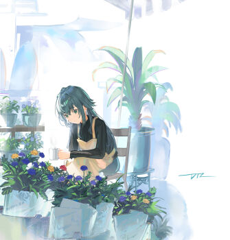 Rule 34 | absurdres, awning, black sweater, blue flower, blue pants, chair, commentary, crossed bangs, cup, da tengzi, denim, flower, gakuen idolmaster, green eyes, green hair, highres, holding, holding cup, idolmaster, jeans, long hair, long sleeves, looking at flowers, mug, pants, plant, potted plant, red flower, ribbed sweater, sidelocks, signature, sitting, smile, stool, sweater, tsukimura temari, yellow flower