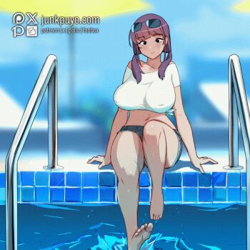 1girl animated animated_gif blurry blurry_background bouncing_breasts bra bra_visible_through_clothes breasts day denim denim_shorts female_focus huge_breasts in_water junkpuyo long_hair looking_at_viewer original outdoors pink_bra pool shirt shorts sitting sky smile solo sunglasses_on_head thick_thighs thighs umbrella underwear water wet wet_clothes wet_shirt