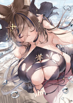 1girl 218 animal_ears bare_shoulders black_choker black_nails blush breasts brown_hair choker cleavage closed_eyes clothes_pull commentary_request draph dress_pull extra_ears from_above galleon_(granblue_fantasy) granblue_fantasy hair_between_eyes highres horns huge_breasts long_hair long_hair_between_eyes multicolored_hair outdoors pointy_ears sand shore skindentation smile solo streaked_hair thigh_strap very_long_hair water water_drop waves