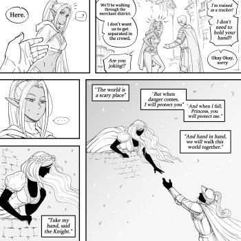 Rule 34 | ..., 2boys, 2girls, absurdres, bb (baalbuddy), breasts, brother and sister, brother and step-sister, cape, cleavage, crop top, dark elf, elf, english text, highres, hood, hood down, hooded cape, knight, left-to-right manga, lowleg, lowleg pants, multiple boys, multiple girls, original, paladin, pants, pointy ears, ponytail, princess, reaching, reaching towards another, siblings, silhouette, speech bubble, spoken ellipsis, step-brother and step-sister, step-siblings, willford diccard, zana (dark elf stepsister)