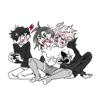 1girl 2boys angry ayase_momo black_hair black_pants black_skirt blush breasts clenched_teeth controller dandadan dual_persona food food_in_mouth furry game_controller glasses hair_between_eyes head_on_another's_shoulder highres holding holding_controller holding_game_controller indian_style jealous kneeling medium_breasts medium_hair multiple_boys pants popsicle popsicle_in_mouth red_eyes red_hair round_eyewear shirt short_hair shorts sitting sketch skirt takakura_ken_(dandadan) takakura_ken_(transformed)_(dandadan) tamatan97 teeth toeless_legwear white_background white_hair white_pants white_shirt