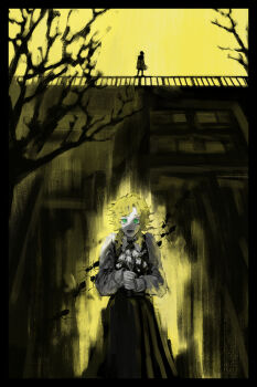 2girls absurdres bare_tree black_dress blonde_hair blue_eyes chainsaw_man dress fami_(chainsaw_man) famine_devil_(chainsaw_man) flower fourth_east_high_school_uniform grey_shirt highres holding holding_flower kaichidai medium_hair messy_hair multiple_girls outdoors pinafore_dress school_uniform shirt sky sleeveless sleeveless_dress tree yellow_sky