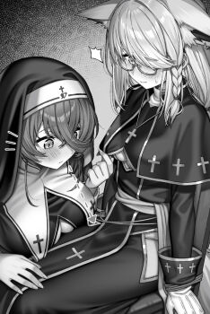 1futa 1girl animal_ears braid breasts bulge cleavage_cutout clothing_cutout cross dress earrings fang fox_ears fox_tail futanari glasses gloves hair_over_one_eye hip_vent hololive houshou_marine jewelry large_breasts looking_at_penis medium_breasts nun priest shirakami_fubuki side_braid skin_fang tagme tail tatsuya_(s6pillars) underboob underboob_cutout virtual_youtuber