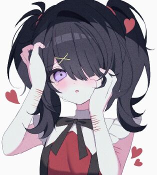 Rule 34 | 1girl, ame-chan (needy girl overdose), black hair, black ribbon, hair ornament, hair over one eye, highres, long hair, neck ribbon, needy girl overdose, parted lips, purple eyes, red shirt, ribbon, scar, scar on arm, self-harm, self-harm scar, shirt, simple background, solo, suspenders, tears, ttede (0984mony), twintails, upper body, white background, wrist cutting, x hair ornament