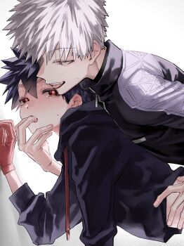 2boys black_hair blush gloves grabbing_from_behind hand_in_another's_mouth heart heart-shaped_pupils highres hood hoodie jacket kemono_jihen kusaka_kabane male_focus multiple_boys open_mouth saliva short_hair sweatdrop symbol-shaped_pupils tademaru_shiki teeth upper_teeth_only wao_(77_af5) yaoi