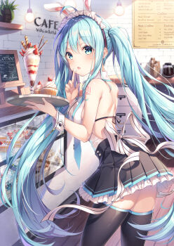 1girl animal_ears black_skirt black_thighhighs blue_eyes blue_hair brick_wall cafe cake coffee_pot cupcake dangmyo display_case fake_animal_ears female_focus food food_on_hand fruit hair_between_eyes hatsune_miku highres indoors long_hair looking_at_viewer macaron maid_headdress necktie number_tattoo parfait plant pleated_skirt pocky potted_plant rabbit_ears shoulder_tattoo skirt solo strawberry tattoo thighhighs tray twintails very_long_hair vocaloid wrist_cuffs
