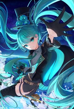 1girl absurdres aqua_eyes aqua_hair aqua_necktie arm_up black_gloves black_shorts boots closed_mouth collared_shirt earrings fengji_daze flower gloves hair_between_eyes hat hat_flower hatsune_miku highres holding holding_wand jewelry lace-up_boots long_hair long_sleeves looking_at_viewer musical_note musical_note_ornament necktie shirt short_shorts shorts smile solo top_hat twintails very_long_hair vocaloid wand white_shirt wide_sleeves