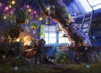 1girl absurdres apron black_hat black_skirt black_vest blonde_hair book bookshelf bow chair chinese_commentary closed_eyes closed_mouth commentary_request flask hanging_plant hat hat_bow highres indoors kirisame_marisa ladder long_hair mixed-language_commentary mushroom no_headwear on_chair plant potion potted_plant puffy_short_sleeves puffy_sleeves round-bottom_flask satellitedragon short_sleeves skirt sleeping solo star_(symbol) table touhou tree unworn_hat unworn_headwear vest waist_apron white_apron white_bow witch_hat