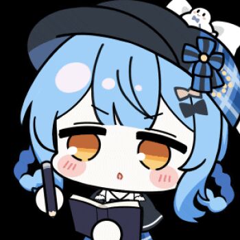 1girl animated animated_gif artist_collaboration black_capelet black_hat blue_hair blush_stickers braid braided_hair_rings capelet chibi chibi_only chunye_haruya hair_rings hat holding holding_notepad holding_pen lowres mahou_shoujo_no_majo_saiban nekoyashiki_riri no_nose notepad open_mouth pen short_hair simple_background solo tachibana_sherry transparent_background upper_body writing yellow_eyes