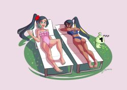 Rule 34 | 2girls, ass, beach chair, bikini, blue bikini, blue eyes, breasts, character request, clinickcase, commentary, dark-skinned female, dark skin, fate/grand order, fate (series), flat chest, flower, frilled one-piece swimsuit, frills, grass, green hair, hair flower, hair ornament, high ponytail, highres, medium breasts, multiple girls, one-piece swimsuit, open mouth, pink one-piece swimsuit, ponytail, siblings, signature, sisters, smile, swimsuit, trung nhi (fate), trung trac (fate), yellow eyes, zzz
