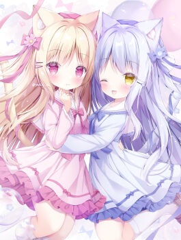 1girl absurdres animal_ear_fluff animal_ears bad_tag beret blonde_hair blue_bow blue_dress blue_hair blush bow bubble cat_ears cat_tail closed_mouth dress flower frilled_dress frills hair_bow hair_flower hair_ornament hairclip hat helmet highres hug kneehighs long_hair one_eye_closed open_mouth original pink_bow pink_dress pink_eyes pink_sailor_collar sailor_collar sailor_dress shoes smile socks tail very_long_hair white_sailor_collar white_socks yellow_eyes yuduki_pdx