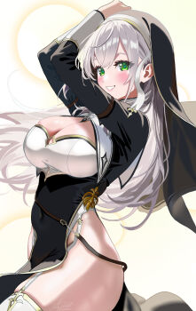 Rule 34 | 1girl, black dress, breasts, cleavage, cleavage cutout, closed mouth, clothing cutout, covered navel, dress, green eyes, grey hair, highres, hololive, large breasts, long hair, official alternate costume, shirogane noel, shirogane noel (battle nun), sidelocks, silent armor, smile, solo, very long hair, virtual youtuber