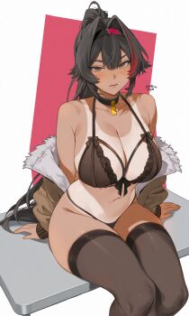 1girl bare_shoulders bay_(nikke) black_bra black_collar black_hair black_panties black_thighhighs blush bra breasts brown_jacket cleavage closed_mouth collar collarbone commentary dark-skinned_female dark_skin english_commentary fur-trimmed_jacket fur_trim goddess_of_victory:_nikke hair_intakes hairband highres jacket jacket_partially_removed large_breasts long_hair looking_at_viewer mole mole_on_stomach mole_on_thigh mole_under_mouth multicolored_hair navel one-piece_tan open_clothes open_jacket panties ponytail red_hair sitting solo stomach streaked_hair tan tanline thighhighs underwear yayo_the_jowen