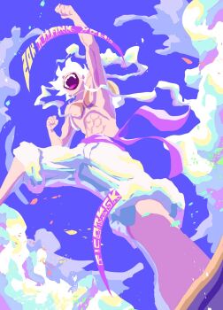 1boy abs andoryu arm_up blue_sky clenched_hands cloud commentary gear_fifth hagoromo hat highres male_focus monkey_d._luffy one_piece outdoors purple_sash sash scar scar_on_chest shawl shorts sky solo straw_hat topless_male white_hair white_shorts