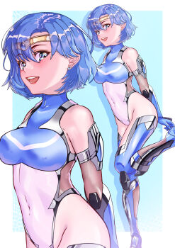 1girl absurdres arion_canvas armpit_crease bishoujo_senshi_sailor_moon blue_eyes blue_gemstone blue_hair circlet covered_erect_nipples covered_navel earrings gem highres jewelry mizuno_ami sailor_mercury short_hair smile solo stud_earrings swept_bangs taimanin_suit
