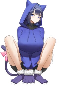 1girl absurdres animal_hands animal_hood black_shorts blue_eyes blue_hair blue_hoodie breasts cat_girl cat_hood cat_tail closed_mouth commentary full_body gloves hair_intakes highres hololive hololive_english hood hood_up hoodie kuraodo_0 large_breasts long_sleeves looking_at_viewer ouro_kronii paw_gloves paw_shoes short_hair short_shorts shorts simple_background solo squatting tail virtual_youtuber white_background