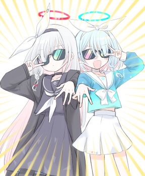 Rule 34 | 2girls, :d, arona (blue archive), black-framed eyewear, black choker, black coat, black headband, black pantyhose, black serafuku, black shirt, black skirt, blue-tinted eyewear, blue archive, blue hair, blue halo, blue shirt, bow, bowtie, braid, choker, coat, colored inner hair, commentary request, cowboy shot, cropped shirt, hair ribbon, halo, hand up, headband, highres, long hair, long sleeves, multicolored hair, multiple girls, neckerchief, open mouth, pantyhose, pink-tinted eyewear, plana (blue archive), red halo, ribbon, school uniform, serafuku, shirt, short hair, single braid, skirt, smile, takahisayuki, tinted eyewear, two-tone hair, v, v-shaped eyebrows, very long hair, white background, white bow, white bowtie, white choker, white hair, white neckerchief, white ribbon, white skirt