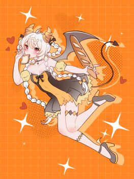 Rule 34 | 1girl, absurdres, baguette, bare shoulders, blonde hair, blush, braid, braided hair rings, bread, bread slice, breasts, chinese commentary, commentary request, demon girl, demon horns, demon tail, demon wings, diamond (shape), dress, drill hair, food, food in mouth, full body, hair rings, heart, high heels, highres, holding, horns, long hair, looking at viewer, mangoslices, mouth hold, orange background, original, red eyes, solo, strapless, strapless dress, tail, thigh strap, toast, toast in mouth, twin braids, twin drills, white hair, wings