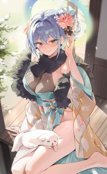 1girl absurdres animal animal_on_lap bare_legs bare_shoulders barefoot blue_eyes blue_hair breasts choyeon cleavage closed_mouth commentary_request dog dog_on_lap feather_boa flower hair_flower hair_ornament hand_up highres korean_clothes korean_commentary large_breasts long_hair long_sleeves looking_at_viewer no_panties on_lap original see-through_cleavage see-through_clothes side_slit smile solo thighs wide_sleeves