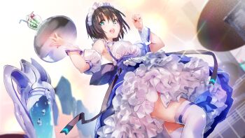 Rule 34 | 1girl, aoi erika, aoi erika (deliverer of miracle), apron, aqua eyes, back bow, bare shoulders, black hair, blue dress, blurry, blurry background, bow, breasts, clenched hand, cowboy shot, detached sleeves, dress, drink, dutch angle, eyelashes, eyes visible through hair, frilled apron, frills, from below, hair between eyes, hands up, heaven burns red, highres, holding, holding tray, indoors, large breasts, looking at viewer, maid, maid apron, maid headdress, medium hair, official art, open mouth, petticoat, puffy short sleeves, puffy sleeves, shirt, short sleeves, sleeveless, sleeveless dress, solo, standing, teeth, thighhighs, tray, upper teeth only, white apron, white shirt, white thighhighs, white wrist cuffs, wrist cuffs