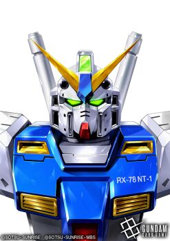 Rule 34 | character name, commentary request, copyright notice, earth federation, english text, green eyes, gundam, gundam 0080, gundam alex, gundam card game, kenko (a143016), logo, looking at viewer, mecha, mecha focus, mobile suit, no humans, official art, portrait, promotional art, realistic, robot, science fiction, sunrise (company), title, upper body, v-fin, white background