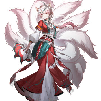 1girl ahoge animal_ear_fluff animal_ears chinese_clothes closed_mouth commentary_request earrings facial_mark fox_ears fox_girl fox_tail full_body green_eyes hair_ornament hand_fan hand_up heterochromia highres holding jewelry kitsune kyuubi long_hair long_sleeves looking_at_viewer multicolored_hair multiple_tails original paper_fan pink_hair pink_pupils simple_background single_earring solo standing sweetbeet tail white_background white_hair