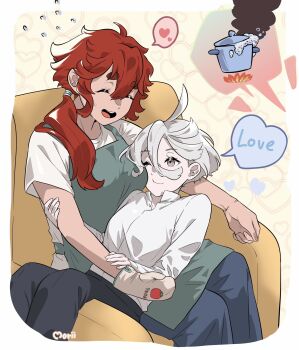 2girls apron armchair black_pants boiling chair closed_eyes collared_shirt commentary_request cooking_pot fire flying_sweatdrops green_apron grey_eyes gundam gundam_suisei_no_majo heart highres korean_commentary long_hair looking_at_another miorine_rembran mo_suma multiple_girls on_chair one_eye_closed oven_mitts pants ponytail red_hair shirt short_hair short_sleeves sitting sitting_on_lap sitting_on_person smile smoke spoken_heart suletta_mercury sweatdrop thick_eyebrows white_hair white_shirt yuri