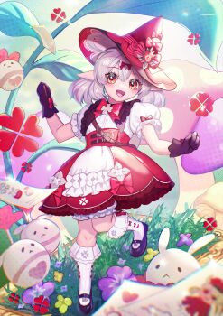 1girl ahoge black_gloves blonde_hair bloomers blush boots bow clover flower genshin_impact gloves hair_bow hat highres klee_(blossoming_starlight)_(genshin_impact) klee_(genshin_impact) kozou_kazaru looking_at_viewer official_alternate_costume open_mouth orange_eyes pointy_ears puffy_short_sleeves puffy_sleeves purple_flower pyro_symbol_(genshin_impact) red_bow red_skirt shirt short_sleeves skirt smile socks solo twintails underwear vision_(genshin_impact) white_shirt white_socks witch_hat