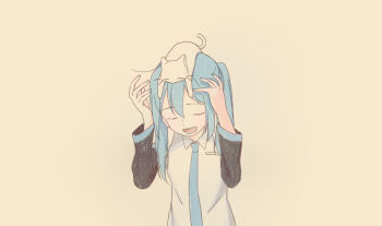 Rule 34 | 1girl, animal, animal on head, aqua nails, arms up, bad id, bad tumblr id, blue hair, blue nails, blue necktie, cat, cat on head, closed eyes, hatsune miku, long hair, long sleeves, nail polish, necktie, negative space, on head, open mouth, pale color, round teeth, simple background, smile, solo, teeth, torla16, twintails, u u, upper body, upper teeth only, vocaloid, wing collar