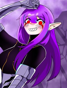 arm_up armor armored_gloves esil_radiru facepaint highres pointy_ears purple_hair red_eyes smile solo_leveling teeth