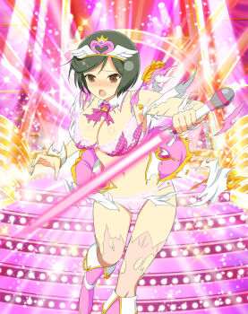 1girl :o black_hair blush border bra breasts brown_eyes cityscape cleavage detached_collar elbow_gloves energy_sword english_text gloves hairband heart heart_hairband high_heels highres lace lace_bra lace_panties large_breasts mai_(senran_kagura) midriff navel official_alternate_costume official_art panties pink_bra pink_panties pink_shoes pink_skirt pink_sword pink_vest polka_dot_vest senran_kagura senran_kagura_new_wave shoes short_hair skirt solo stage stage_lights standing standing_on_one_leg swept_bangs sword thighhighs torn_clothes torn_gloves underwear vest weapon winged_headwear