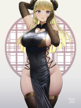 1girl bare_shoulders black_dress black_gloves black_thighhighs blonde_hair blue_eyes blunt_bangs blush breasts bun_cover china_dress china_dress_girl_(oekakizuki) chinese_clothes cleavage cleavage_cutout clothing_cutout double_bun dress duplicate elbow_gloves gloves hair_bun hair_ornament hairclip hand_on_own_cheek hand_on_own_face heart_cutout highres hip_bones large_breasts long_hair looking_at_viewer no_bra no_panties oekakizuki open_mouth original pelvic_curtain sideboob solo thighhighs thighs