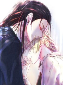 2boys bindi black_hair blonde_hair clenched_teeth closed_eyes crying earrings eyelashes final_fantasy final_fantasy_vii final_fantasy_vii_remake hand_on_another's_head jewelry male_focus multiple_boys parted_lips ponco_pacoooon profile rufus_shinra short_hair square_enix tears teeth tseng turks_(ff7) yaoi