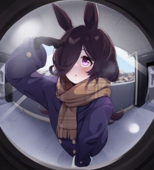 1girl animal_ears black_gloves blue_jacket blush brown_scarf commentary_request gloves hair_over_one_eye highres horse_ears horse_girl jacket long_hair looking_to_the_side monitoring_(vocaloid) open_mouth purple_eyes rice_shower_(umamusume) scarf shijima_(shizima_03) solo umamusume