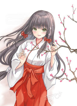 1girl arukapismillust black_hair bow branch commentary_request cowboy_shot fingernails floating_hair flower green_eyes hair_ribbon hakama hakama_skirt hands_up japanese_clothes kosode light_particles long_hair long_sleeves looking_at_viewer low-tied_long_hair miko open_mouth original petals pink_flower pink_nails pink_petals red_bow red_ribbon red_skirt ribbon sidelocks signature skirt smile solo waist_bow watermark white_background white_kosode wide_sleeves wind
