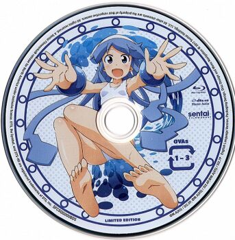 1girl bare_legs barefoot blu-ray blu-ray_logo blue_eyes blue_hair bracelet cover dvd_(object) feet hat ikamusume ishikawa_masakazu jewelry logo looking_at_viewer official_art one-piece_swimsuit polka_dot polka_dot_background reaching reaching_towards_viewer shinryaku!_ikamusume soles solo source_request squid squid_girl swimsuit tentacle_hair tentacles toes