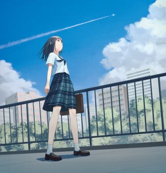 1girl absurdres aircraft airplane bag black_hair blue_sky city cloud commentary_request from_below highres holding official_art school_bag school_uniform shinken-zemi short_hair skirt sky socks solo tokaki white_socks
