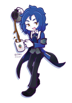 1boy 4chawon artist_name ascot black_pants black_shoes blue_ascot blue_coat blue_hair brown_eyes chesed_(project_moon) coat coffee coffee_pot collared_shirt colored_skin commentary_request cup full_body grey_vest holding holding_cup lobotomy_corporation long_sleeves male_focus medium_hair mug pants parody pouring project_moon puyopuyo shirt shoes simple_background solo style_parody twitter_username vest white_background white_shirt white_skin