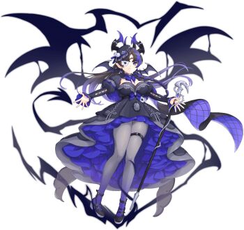 Rule 34 | 1girl, artist request, artistic error, beelzebub (legend clover), black dress, black hair, black hat, blue bow, blue hair, bow, braid, breasts, cleavage, demon horns, dress, earrings, eyepatch, full body, game cg, hat, high heels, holding, holding staff, horns, jewelry, legend clover, long sleeves, official art, open hand, pointy ears, solo, staff, third-party source, transparent background