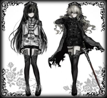 2girls black_cape black_eyes black_hair black_thighhighs blood blood_on_face bloody_weapon border cape chan8016 cross epaulettes full_body grey_hair hair_between_eyes hat highres holding holding_sword holding_weapon leg_belt light_smile long_hair looking_at_viewer military_hat military_uniform multiple_girls original ornate_border parted_lips standing straight-on sword thighhighs torn_cape torn_clothes weapon white_background