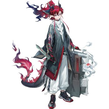 1boy arknights arm_tattoo arms_at_sides baggy_pants beads belt blue_hair blue_tattoo closed_mouth colored_tips dragon_boy dragon_horns dragon_tail earrings eastern_dragon_horns eastern_dragon_tail flame_tattoo forked_eyebrows full_body green_eyes grey_jacket high_collar high_ponytail highres holding holding_knife horns insulated_delivery_bag jacket jewelry kang_yiqian_(self_cultivation) knife long_sleeves looking_at_viewer male_focus multicolored_hair official_art pants parted_bangs pointy_ears ponytail red_hair red_tattoo shoes sidelocks sleeve_zipper smile sneakers solo streaked_hair tachi-e tail tattoo third-party_source vest white_pants yu_(arknights) zipper