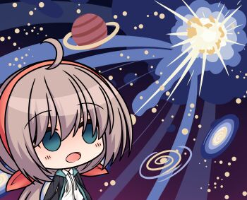 Rule 34 | 1girl, :o, absurdres, ahoge, black jacket, blue eyes, blush stickers, brown hair, chibi, chibi only, collared shirt, commentary request, empty eyes, explosion, hair between eyes, hair ribbon, highres, hood, hood down, hooded jacket, jacket, long hair, low ponytail, meme, misu t (ccc), open clothes, open jacket, open mouth, ponytail, red ribbon, ribbon, sanoba witch, school uniform, shiiba tsumugi, shirt, sidelocks, solo, space, space cat (meme), upper body, white shirt