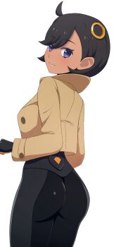 1girl absurdres ass black_bodysuit black_gloves black_hair bodysuit bodysuit_under_clothes brown_jacket closed_mouth collared_jacket commentary_request emma_(pokemon) gloves highres jacket long_sleeves looking_to_the_side na-suke nintendo pokemon pokemon_legends:_z-a purple_eyes ring_hair_ornament short_hair simple_background smile solo white_background