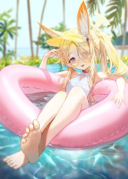 1girl absurdres animal_ear_fluff animal_ears bare_arms bare_shoulders beach bird_hair_ornament blonde_hair blue_archive blue_sky breasts choker clear_sky clothing_cutout collarbone cross_halo diamond_cutout extra_ears eyes_visible_through_hair feet fox_ears fox_girl hair_ornament hair_over_one_eye halo hand_up highleg highleg_one-piece_swimsuit highres in_water innertube loli long_hair long_sidelocks looking_at_viewer no_jacket no_tail on_innertube on_water one-piece_swimsuit open_mouth orange-tinted_eyewear outdoors palm_tree purple_eyes red_choker seia_(blue_archive) seia_(swimsuit)_(blue_archive) side_ponytail sidelocks sky small_breasts smile soles solo sunglasses sunlight swim_ring swimsuit thighs tinted_eyewear toes tree very_long_hair visor_cap white_one-piece_swimsuit yellow_halo yellow_visor yiku_(sim7368)