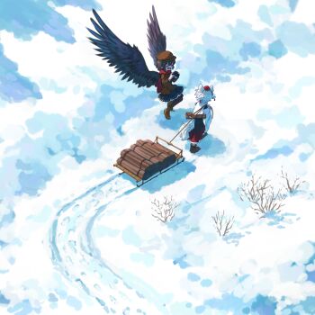 Rule 34 | 2girls, :d, ^ ^, absurdres, animal ears, axe, black hair, black pantyhose, black skirt, black wings, boots, brown boots, brown coat, brown hat, camera, closed eyes, coat, commentary, day, detached sleeves, english commentary, feathered wings, firewood, flying, footprints, gradient clothes, gradient skirt, hat, highres, holding, holding camera, inubashiri momiji, long sleeves, mixed-language commentary, multiple girls, newsboy cap, open mouth, outdoors, pantyhose, pointy ears, pom pom (clothes), red hat, red scarf, red shirt, ribbon, scarf, shameimaru aya, sheath, sheathed, shirt, short hair, skirt, sled, smile, snow, suteruko, tail, tokin hat, touhou, white hair, white ribbon, white shirt, white sleeves, wide sleeves, wings, winter, wolf ears, wolf girl, wolf tail