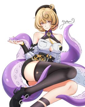 1girl absurdres accessories ahc_syl ass bare_shoulders black_bow black_hat black_shoes black_shorts black_thighhighs blonde_hair bow breasts button_gap character_name cleavage closed_mouth commentary detached_sleeves english_commentary footwear_ribbon hair_between_eyes hat high-waist_shorts highres looking_at_viewer medium_breasts mole mole_under_mouth monster_girl purple_eyes purple_nails ringed_eyes scylla shirt shoes short_hair shorts simple_background single_thighhigh sitting smile solo suction_cups tentacle_girl tentacle_tail tentacles thighhighs torn_clothes torn_thighhighs twitter_username white_background white_shirt white_sleeves yidhari_murphy zenless_zone_zero