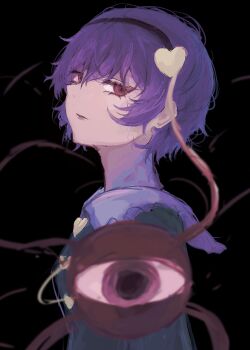 Rule 34 | 1girl, absurdres, black background, black hairband, closed mouth, hairband, heart, highres, komeiji satori, kuro wa shinoru, looking at viewer, purple hair, red eyes, short hair, simple background, solo, touhou, upper body